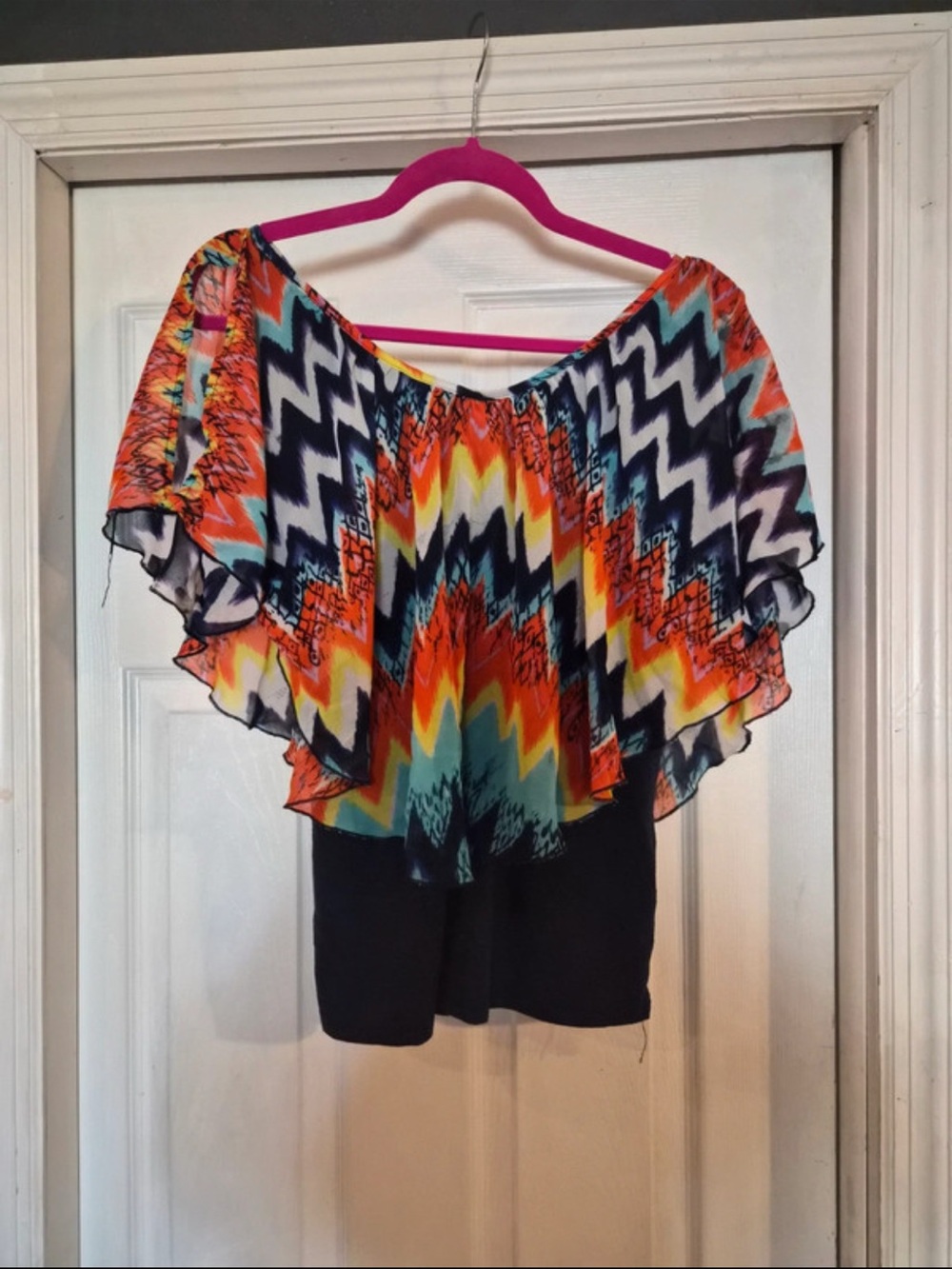 Mystique Boutique Multi-Color Chevron Off-Shoulder Flutter Top